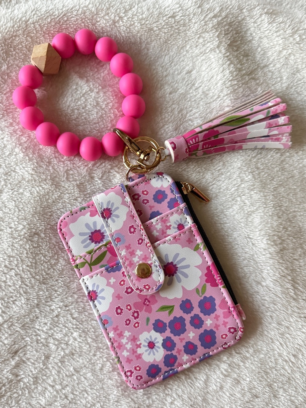 Pink floral wristlet wallet keychain w/ pink silicone beads & matching tassel
